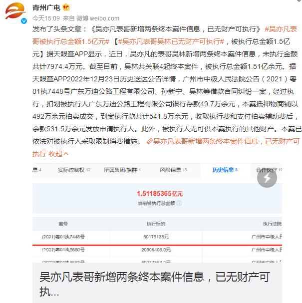 吴亦凡表哥被执行总金额1.5亿元（吴亦凡 表妹）