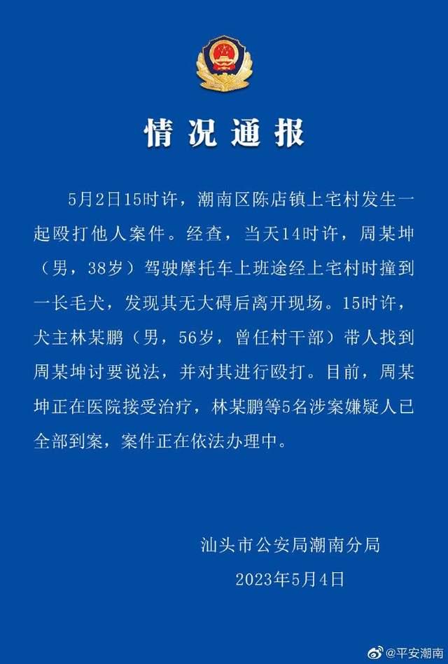 广东警方通报“撞到村长的狗被上门殴打”：5名嫌疑人已到案